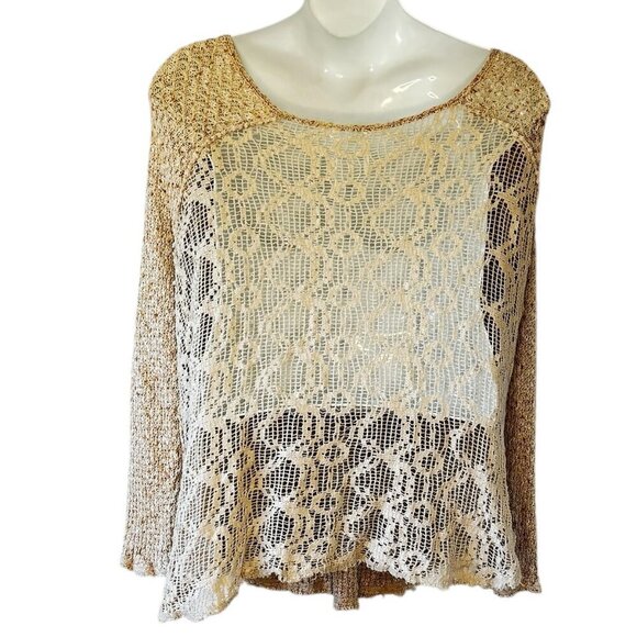 Free People Crochet Lace Sweater Beige Poppyseed Scoop Neck Raw Hem  Size Large - Picture 9 of 15
